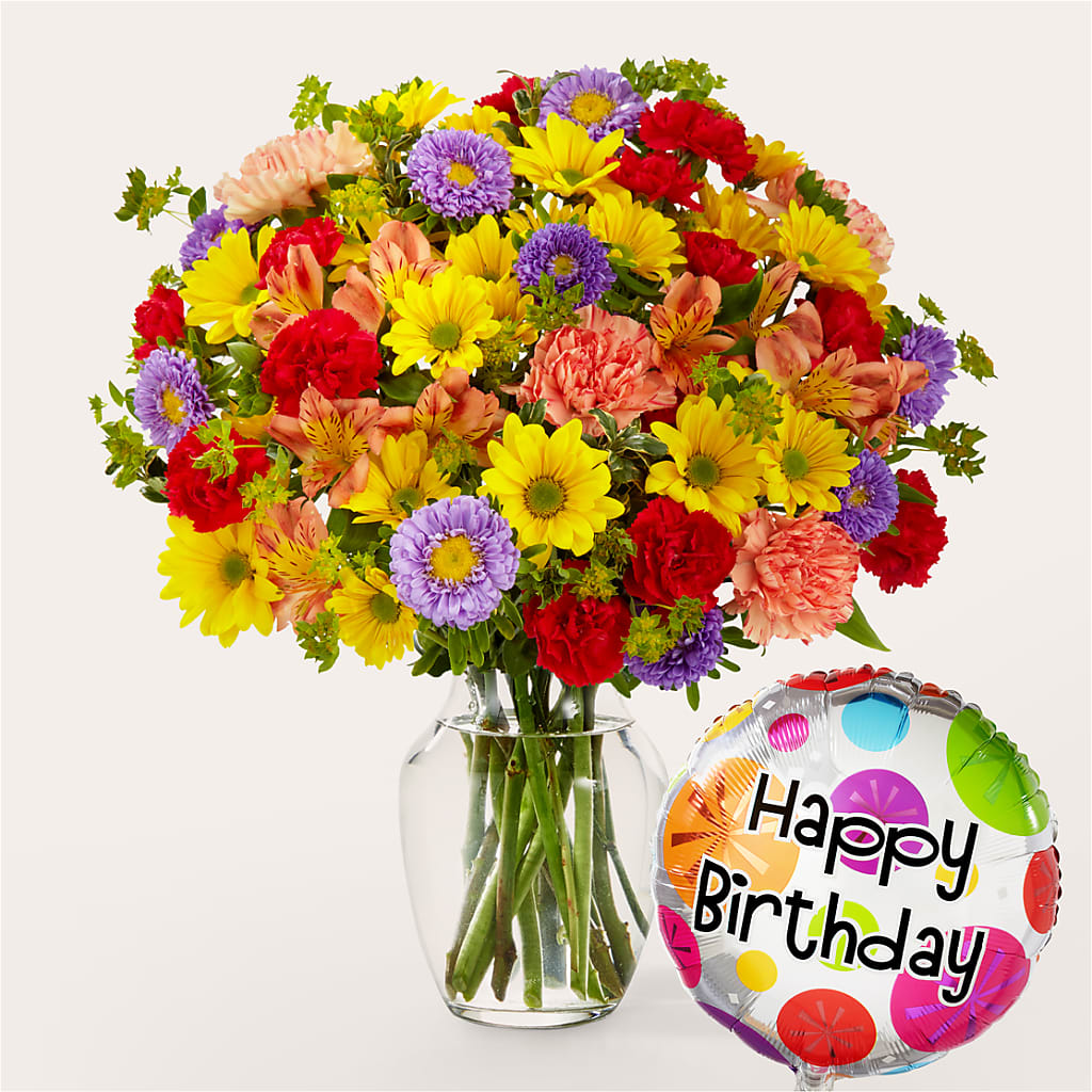 Kaleidoscope Bouquet with Birthday Balloon – Print A Bunch Florists, Orleans ON