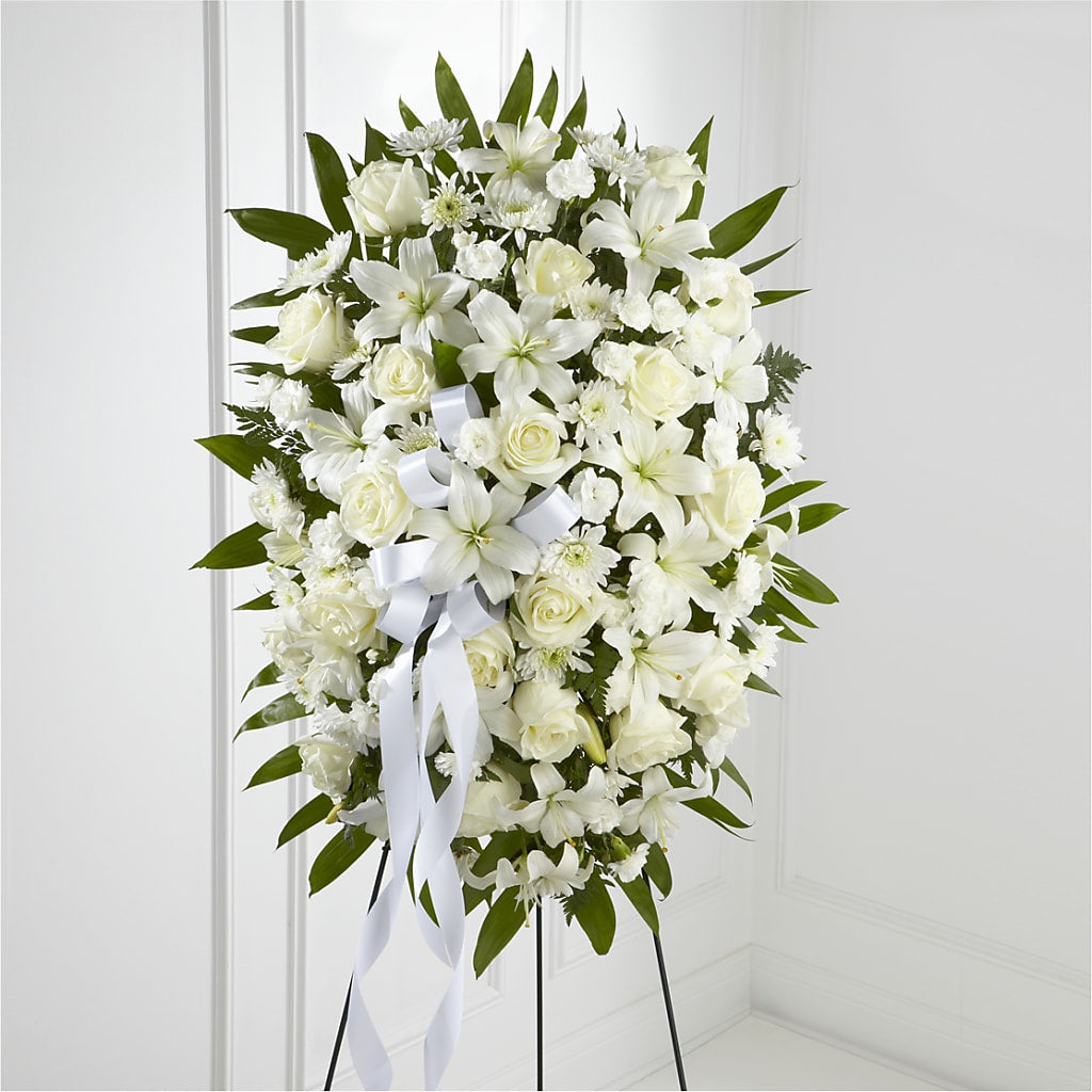 Exquisite Tribute Standing Spray-White Ribbon – Print A Bunch Florists, Orleans ON